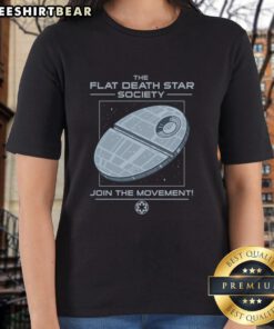 Flat Empire ladies tee featuring the Flat Death Star Society design; join the movement in style and comfort.