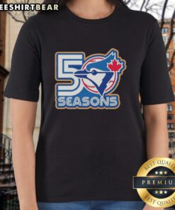 Official Toronto Blue Jays 50 Seasons logo on a ladies tee, celebrating the team's rich history and legacy in baseball.