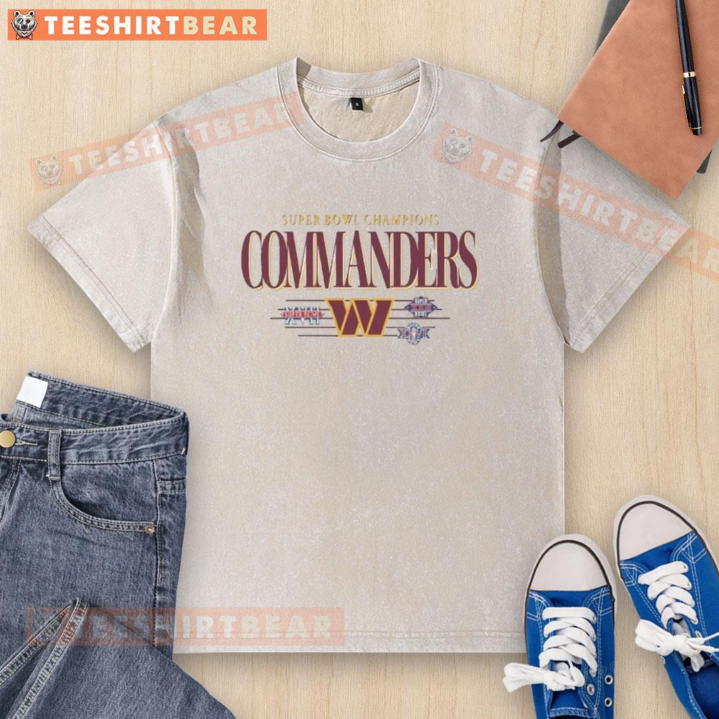 Alt Text: Vintage Washington Commanders NFL Super Bowl Champions XVII XXII XXVI logo washed t-shirt in a casual style.