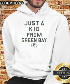Original Green Bay Packers Just A Kid From Green Bay hoodie displayed on a hanger, showcasing team spirit and style.