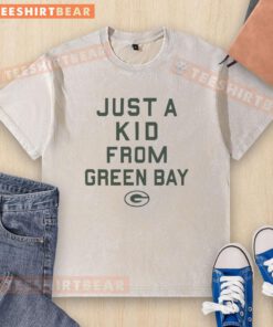 Original Green Bay Packers Just A Kid From Green Bay washed t-shirt featuring team colors and logo for fans.