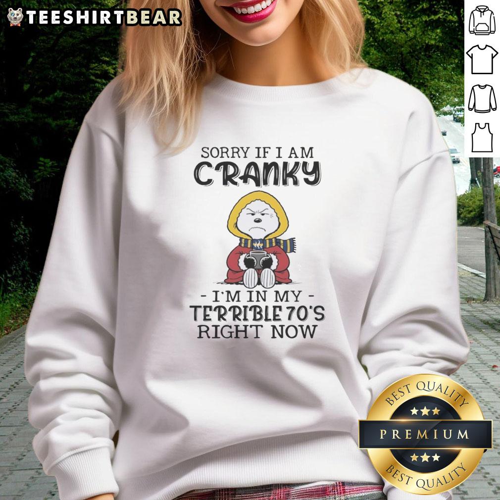 Grumpy Snoopy sweatshirt with 'Sorry if I am cranky, I'm in my terrible 70s right now' design, perfect for casual wear.
