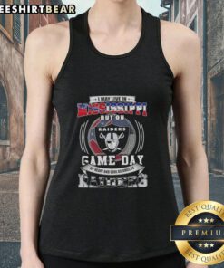Original tank top featuring 'I May Live In Mississippi But On Game Day My Heart And Soul Belongs To Las Vegas Raiders' design.