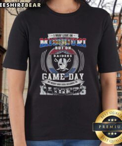 Original ladies tee featuring 'I may live in Missouri, but my heart belongs to Las Vegas Raiders football' design.
