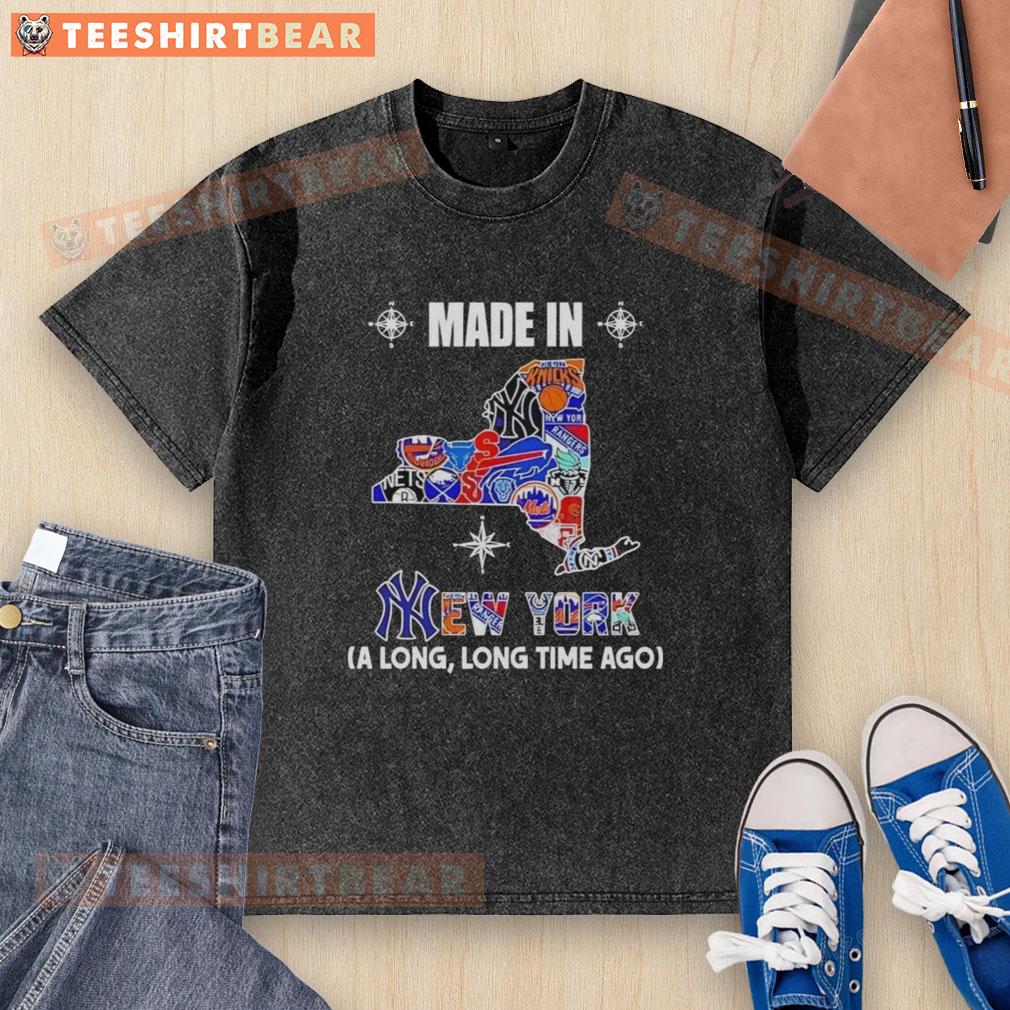 Alt Text: Original Made In New York logo on a washed t-shirt featuring a state mashup of various teams.