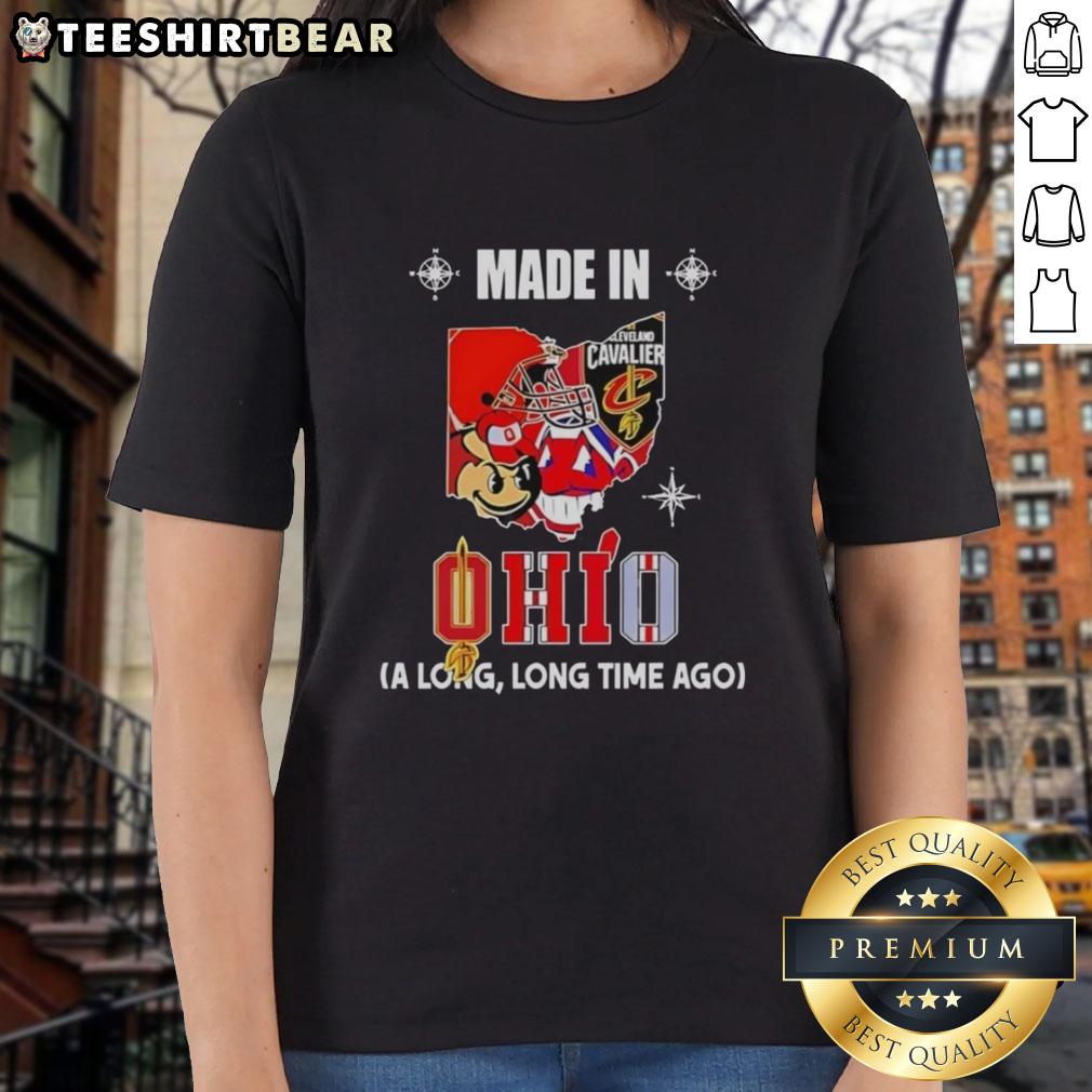 Alt Text: Ladies tee featuring Original Made in Ohio State Buckeyes and Cleveland Cavaliers mashup logo design.