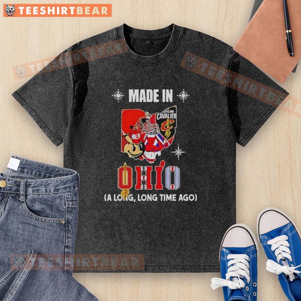 Alt Text: Original Made in Ohio State Buckeyes and Cleveland Cavaliers mashup logo on a washed t-shirt, perfect for fans.
