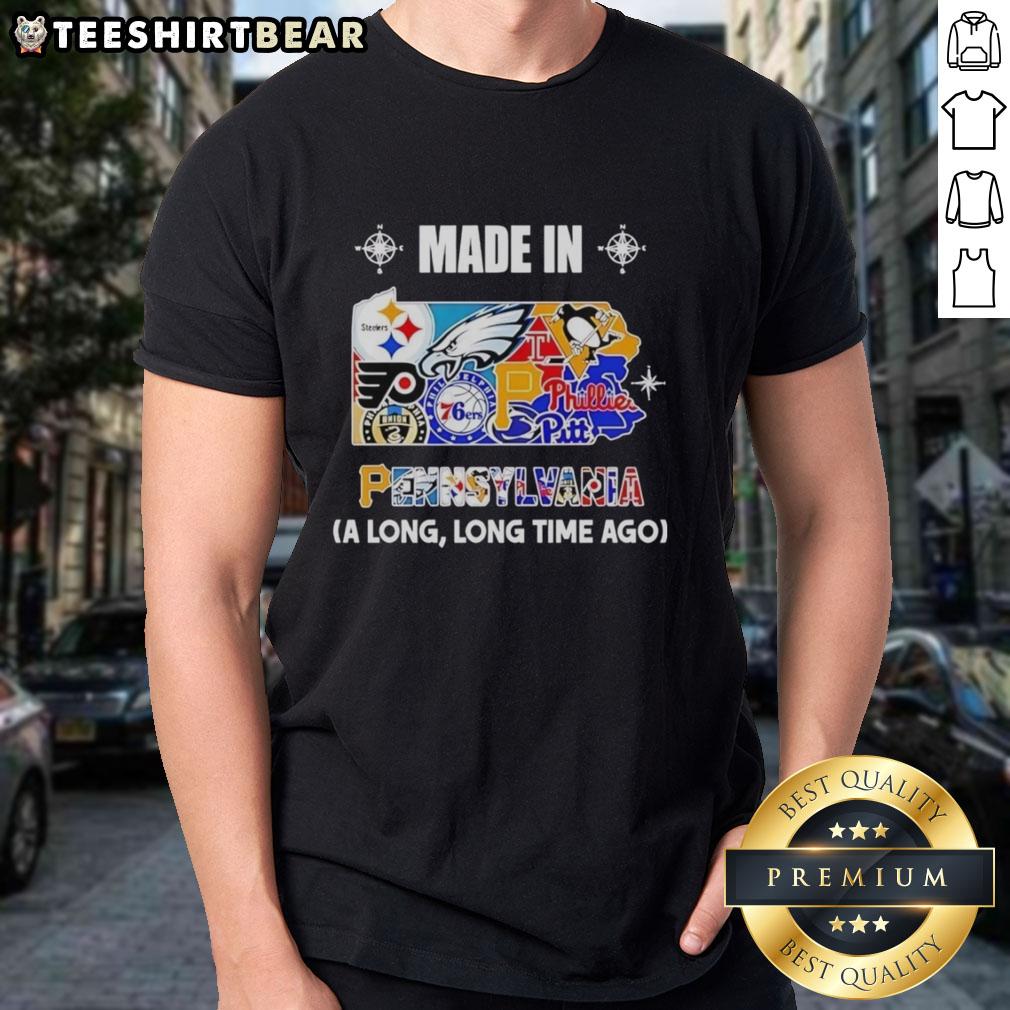 Alt Text: Original Made In Pennsylvania A Long Long Time Ago State Mashup Logo T-Shirt featuring vintage design and vibrant colors.