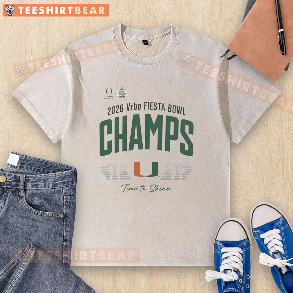 Alt Text: Original Miami Hurricanes 2026 Fiesta Bowl Champs washed t-shirt featuring vibrant team colors and logo.