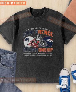 Original New England Patriots vs Denver Broncos 2025 helmet graphic on a washed t-shirt, perfect for football fans.