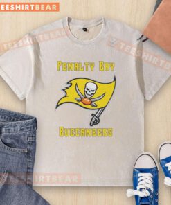 Alt Text: Original Penalty X Tampa Bay Buccaneers yellow flag washed t-shirt, featuring team logo and casual style for fans.