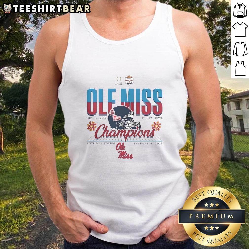 Original Ole Miss Rebels 2026 Vrbo Fiesta Bowl Champions tank top featuring a football helmet at State Farm Stadium.
