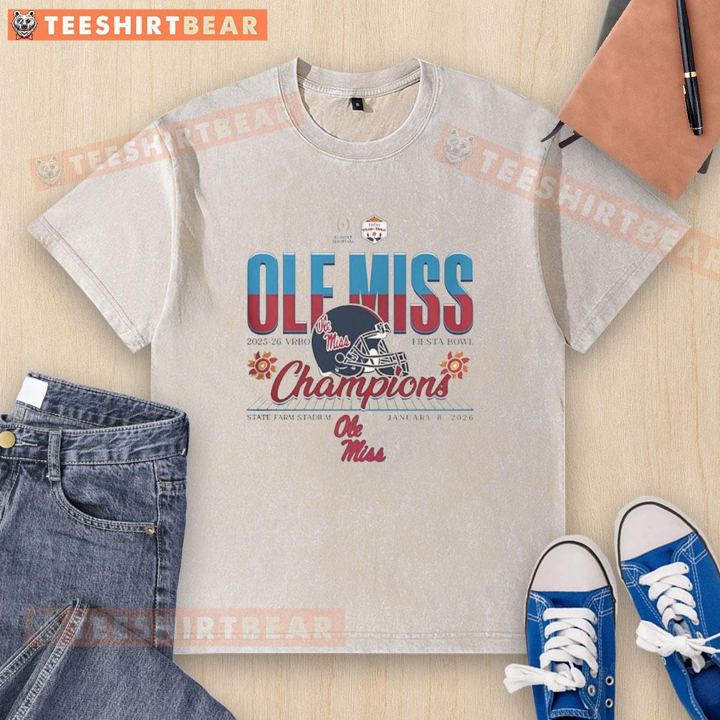 Original Ole Miss Rebels 2026 Vrbo Fiesta Bowl Champions football helmet washed t-shirt displayed at State Farm Stadium.