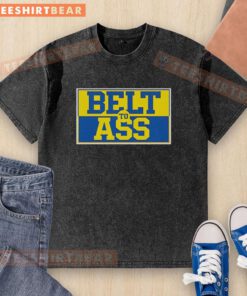 Original Michigan Belt to Ass Washed T-Shirt displayed on a wooden background, showcasing its vintage style and soft fabric.