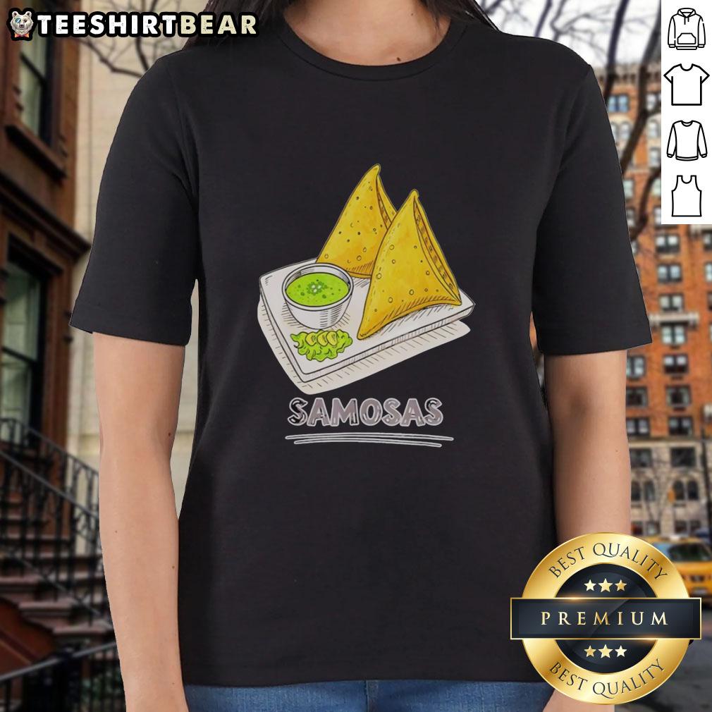 Original Samosa Lover Ladies Tee featuring colorful samosas, perfect for Indian snack foodies and casual wear.