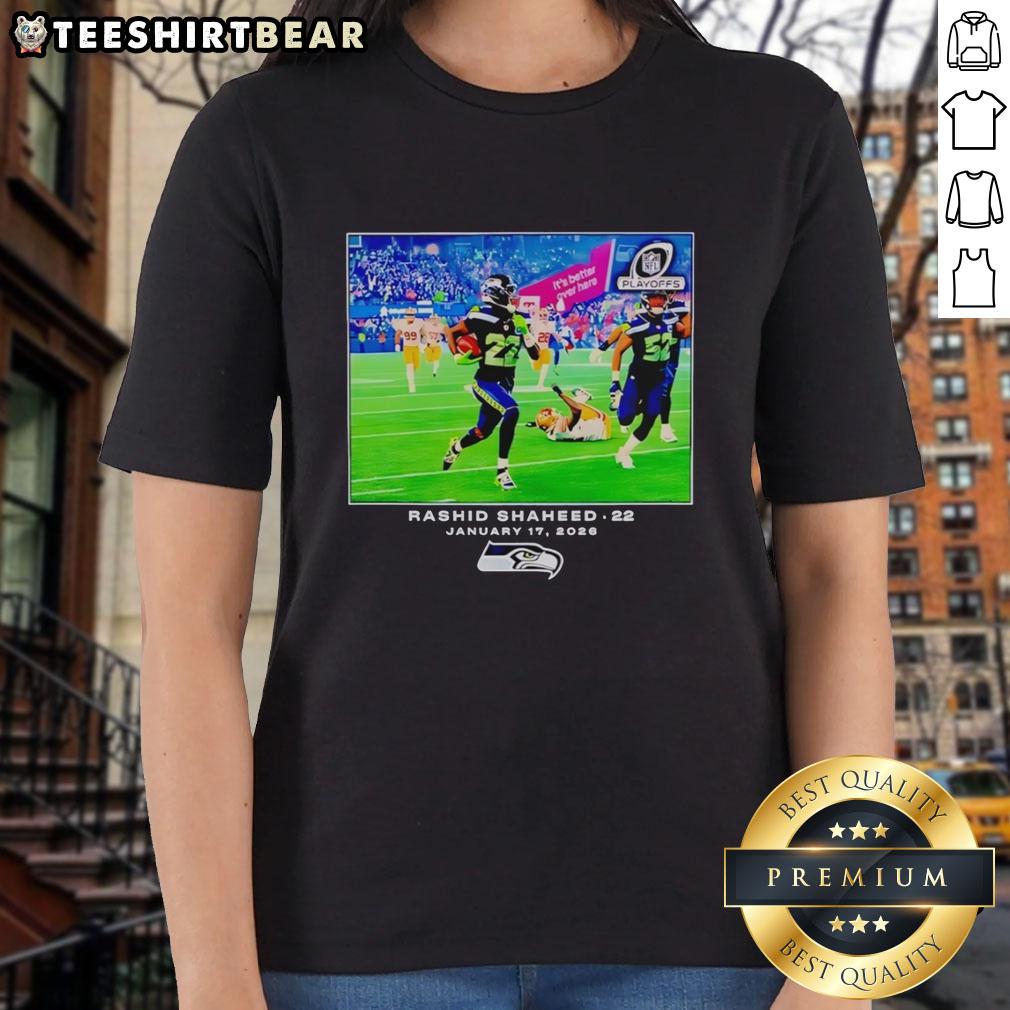 Original Seattle Seahawks Rashid Shaheed NFL Flash Features ladies tee in vibrant colors, perfect for game day style.