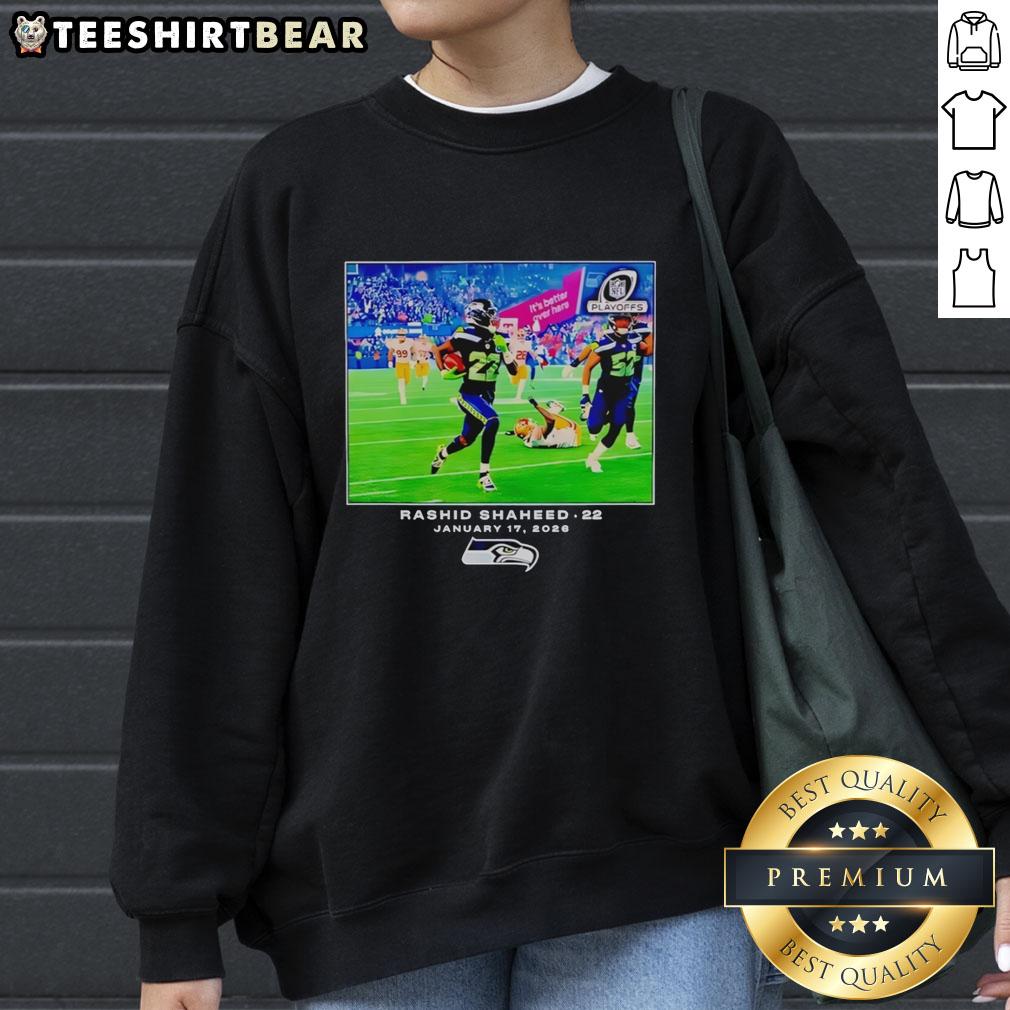 Original Seattle Seahawks Rashid Shaheed NFL sweatshirt featuring bold team colors and logo, perfect for fans.