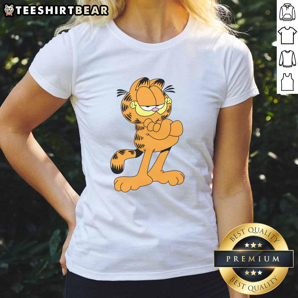 Premium confident cartoon Garfield cat ladies tee featuring a playful design perfect for cat lovers and fans of Garfield.