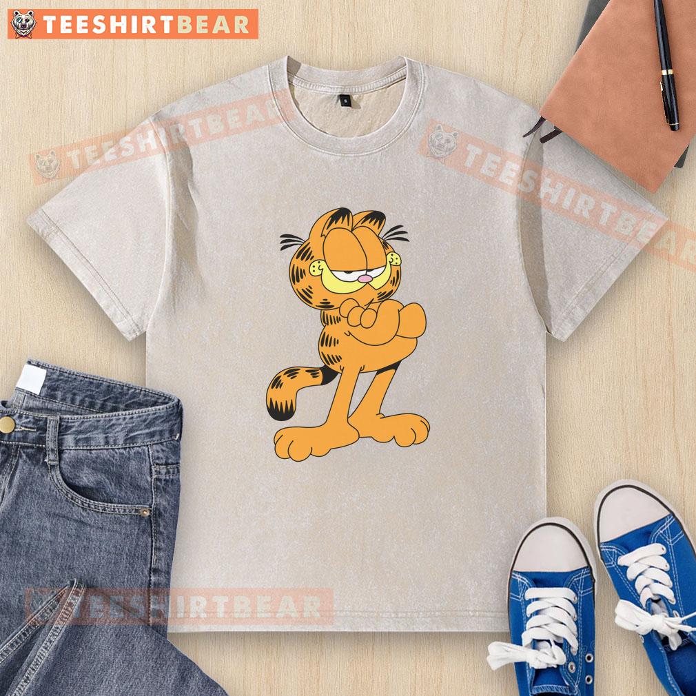 Alt Text: Premium confident cartoon Garfield cat design on a washed T-shirt, perfect for cat lovers and casual wear enthusiasts.