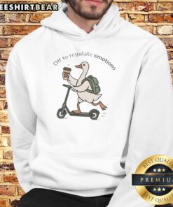 Premium goose riding a scooter with a backpack and hoodie, ready to regulate emotions in a playful scene.