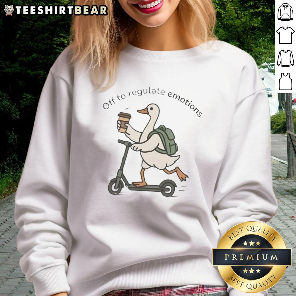 Premium goose riding a scooter with a backpack, wearing a sweatshirt, ready to regulate emotions.