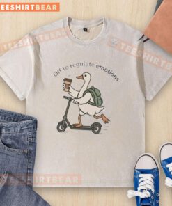 Premium goose riding a scooter with a backpack, promoting fun and emotional regulation in a washed t-shirt design.