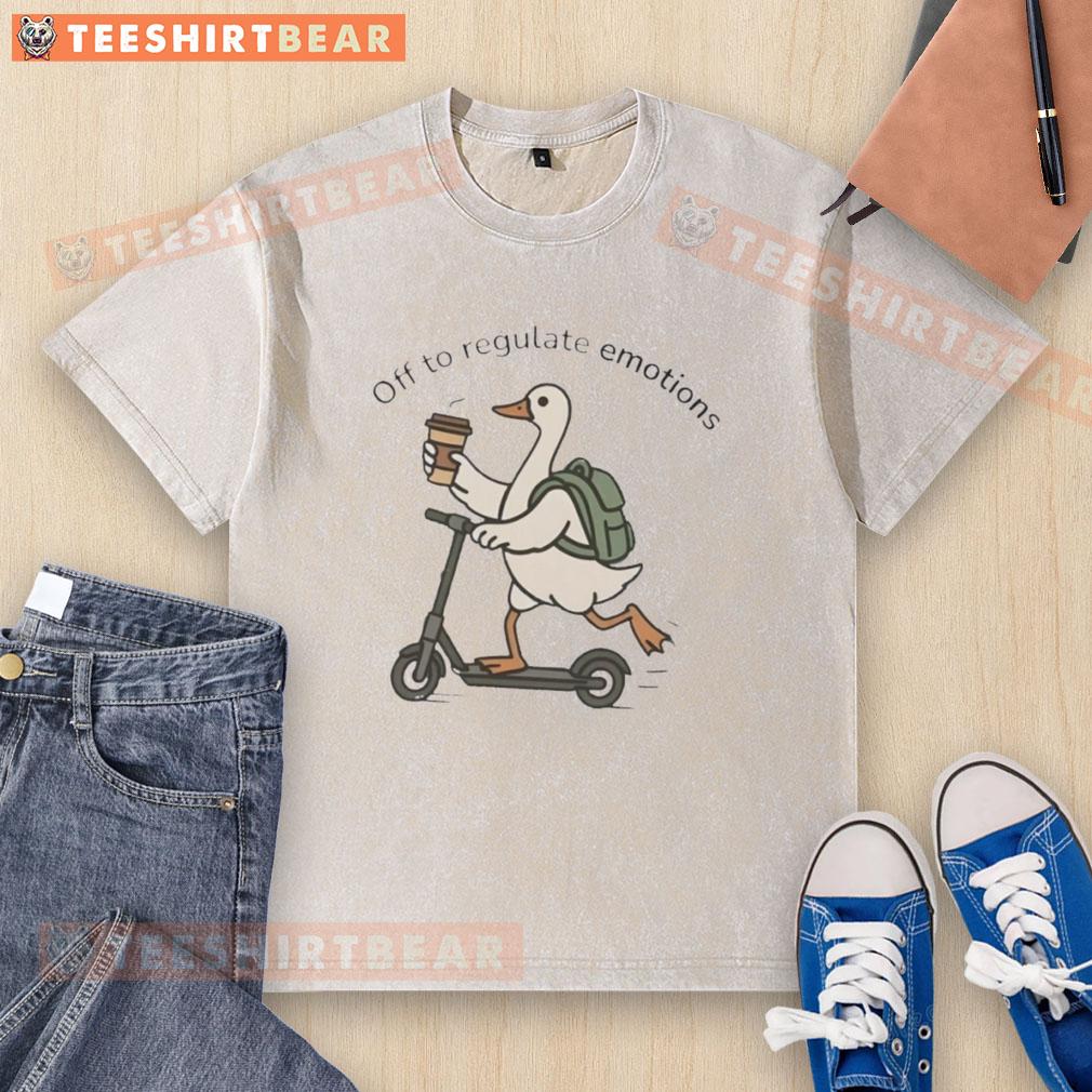 Premium goose riding a scooter with a backpack, promoting fun and emotional regulation in a washed t-shirt design.