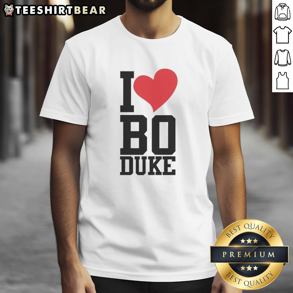 Premium I Love Bo Duke T-Shirt featuring a vibrant design, perfect for fans of The Dukes of Hazzard and stylish casual wear.