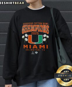 Alt Text: Premium Miami Hurricanes 2025 CFP Goodyear Cotton Bowl Champions sweatshirt showcasing hometown pride and team spirit.