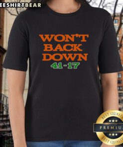 Premium Miami Hurricanes Won't Back Down 41-17 Ladies Tee featuring vibrant team colors and stylish design.