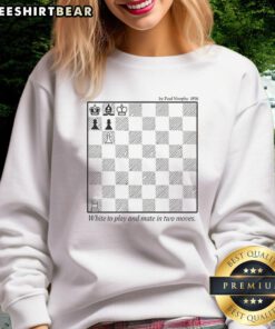 Alt Text: Premium white sweatshirt featuring a chess board design with Play and Mate in Two Moves for chess lovers.