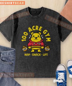 Alt Text: Cute washed t-shirt featuring 'Gym Nap Snack Lift Bear' design, perfect for casual wear and fitness enthusiasts.
