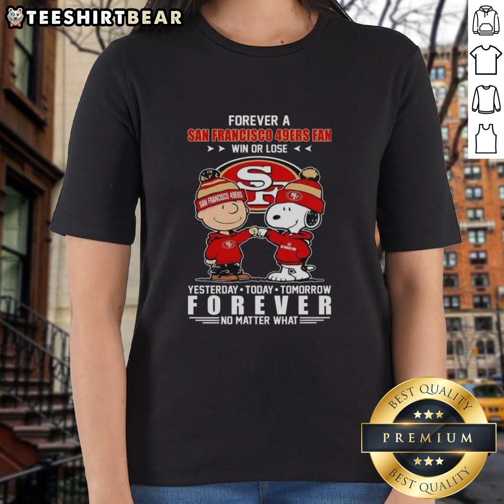 Pretty Charlie Brown fist bump with Snoopy, celebrating San Francisco 49ers fandom in a stylish ladies' tee.