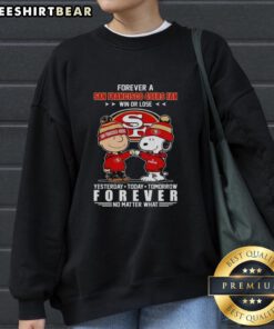 Pretty Charlie Brown fist bump with Snoopy on a San Francisco 49ers fan sweatshirt, celebrating loyalty win or lose.