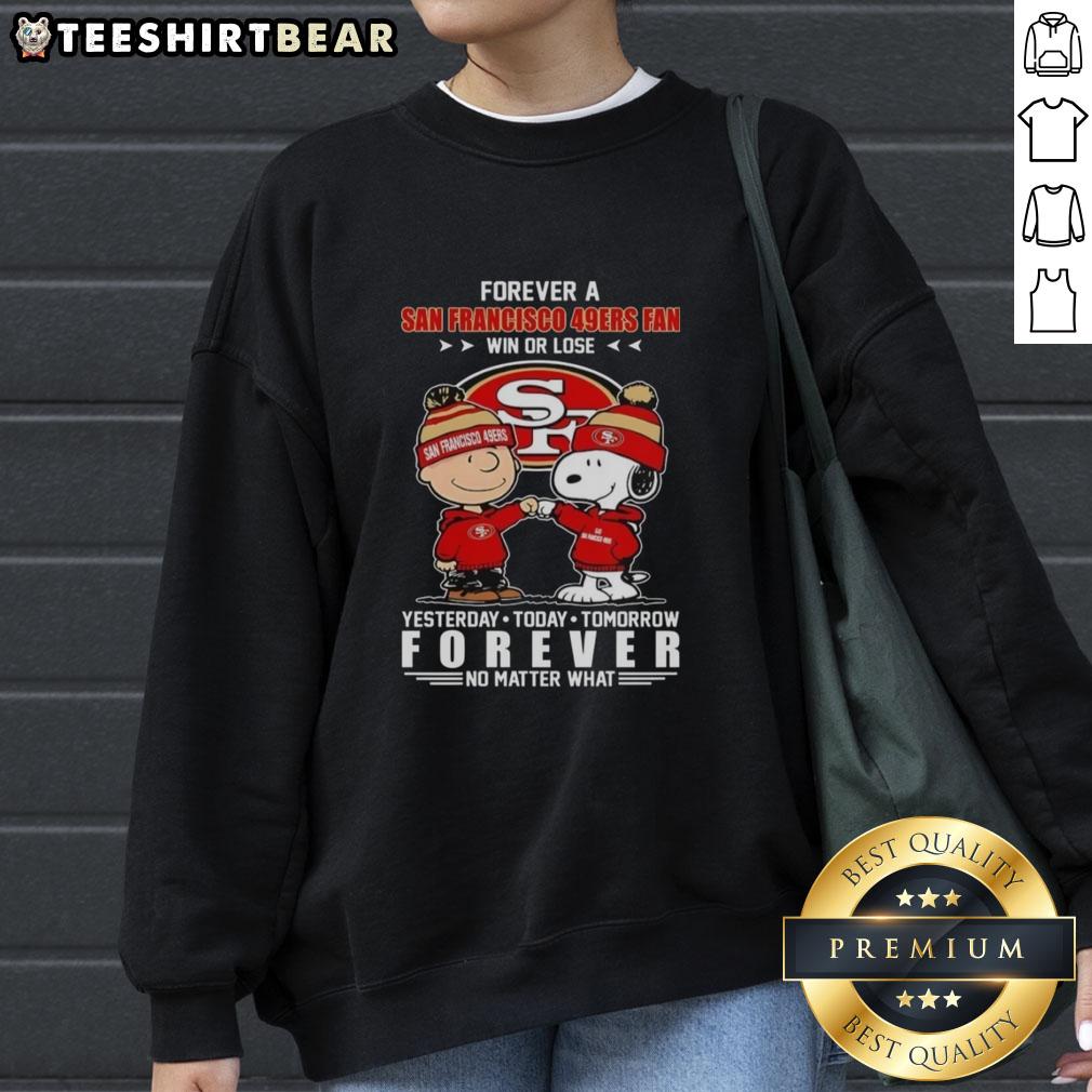 Pretty Charlie Brown fist bump with Snoopy on a San Francisco 49ers fan sweatshirt, celebrating loyalty win or lose.