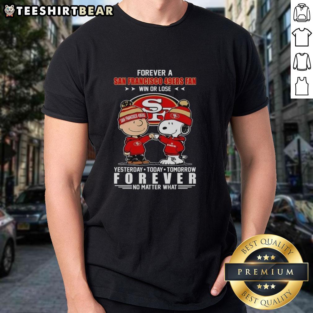Pretty Charlie Brown fist bumping Snoopy, showcasing San Francisco 49ers fan spirit on a win or lose T-shirt design.