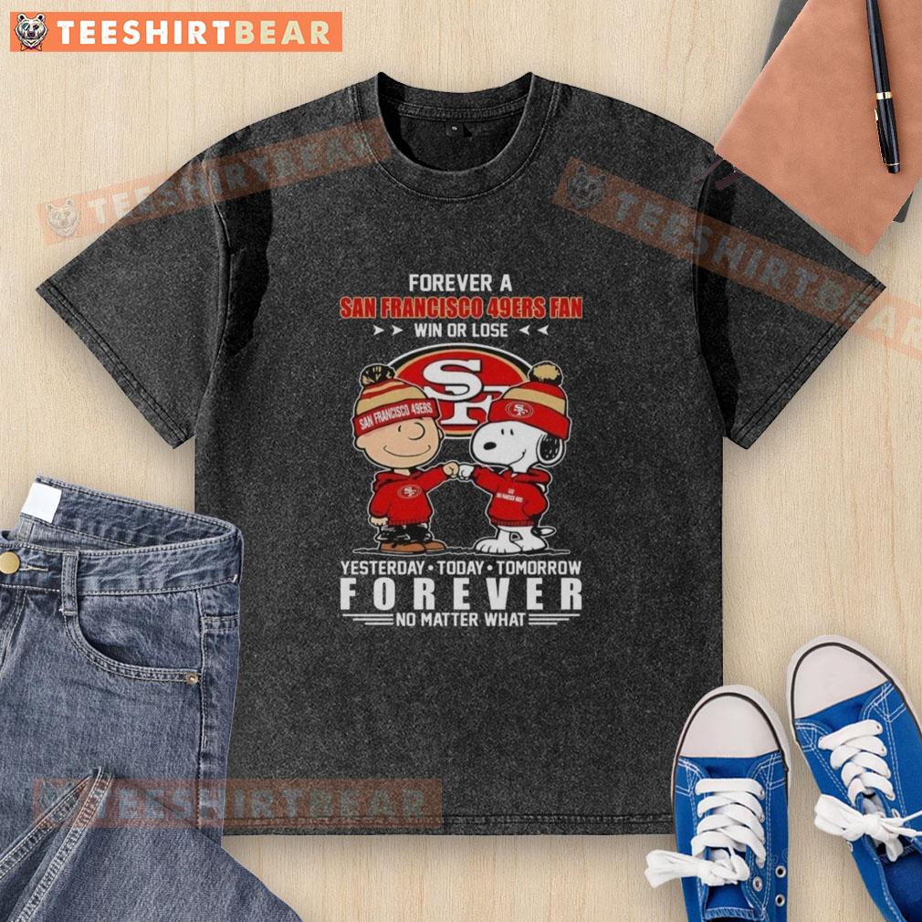 Pretty Charlie Brown fist bump with Snoopy, celebrating San Francisco 49ers fandom on a washed t-shirt, win or lose.
