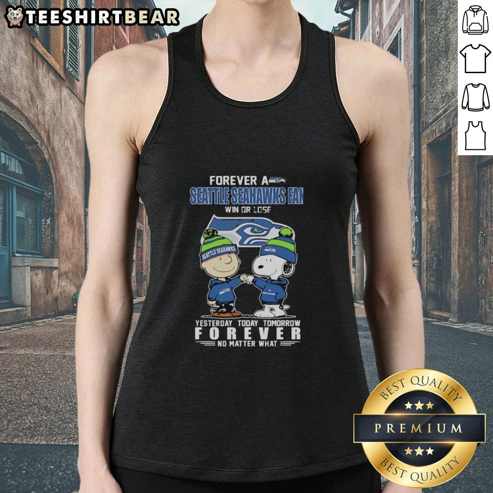 Alt Text: Pretty Charlie Brown fist bump with Snoopy, celebrating Seattle Seahawks fandom in a win-or-lose tank top.