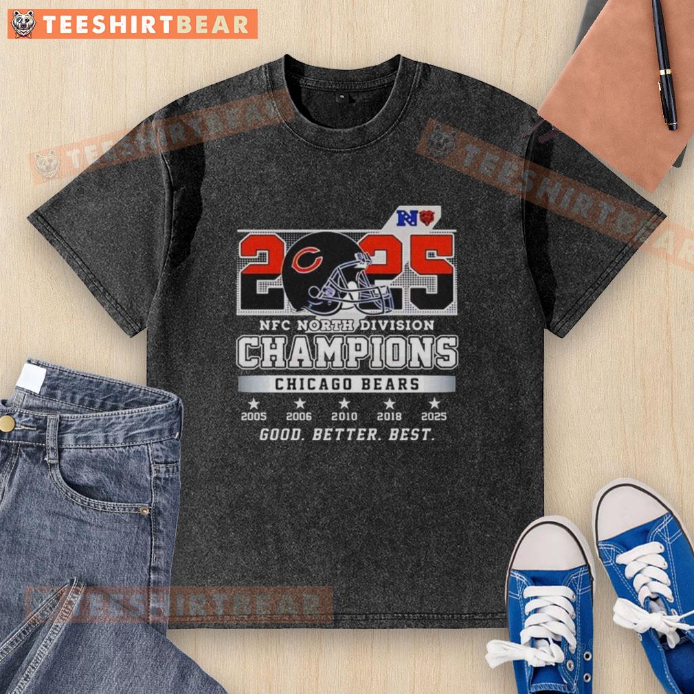 Alt Text: Pretty Chicago Bears NFC North Division Champions 2025 Good Better Best washed t-shirt in navy blue.