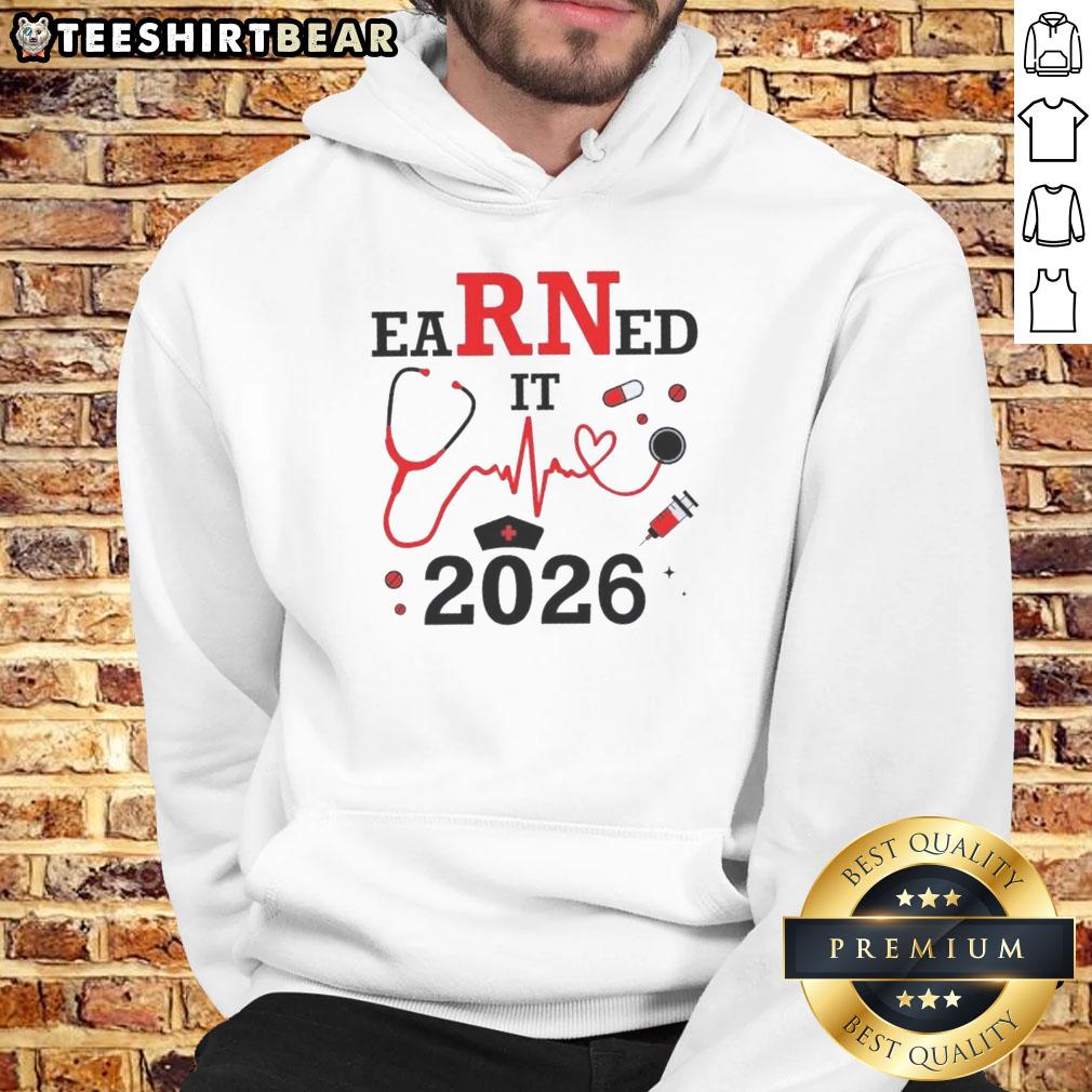 Pretty Earned It RN Registered Nurse 2026 hoodie in navy blue, perfect for proud nurses celebrating their profession.
