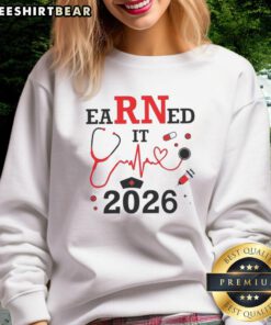 Alt Text: Pretty Earned It RN Registered Nurse 2026 sweatshirt in navy blue, perfect gift for nursing graduates and professionals.