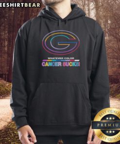 Green Bay Packers hoodie featuring 'Cancer Sucks' logo, vibrant colors, perfect for sports fans and awareness supporters.