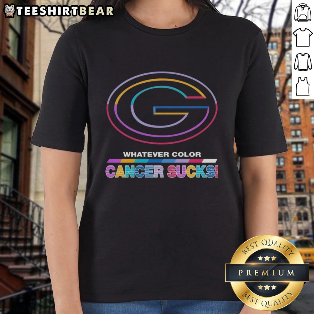 Green Bay Packers football ladies tee featuring 'Cancer Sucks' logo in vibrant colors, perfect for game day support.