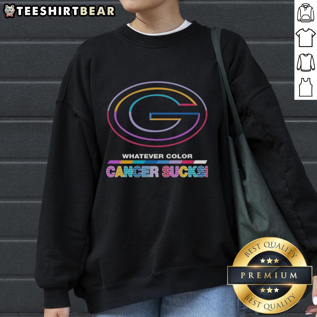 Alt Text: Green Bay Packers sweatshirt featuring 'Cancer Sucks' logo in vibrant colors, perfect for football fans.