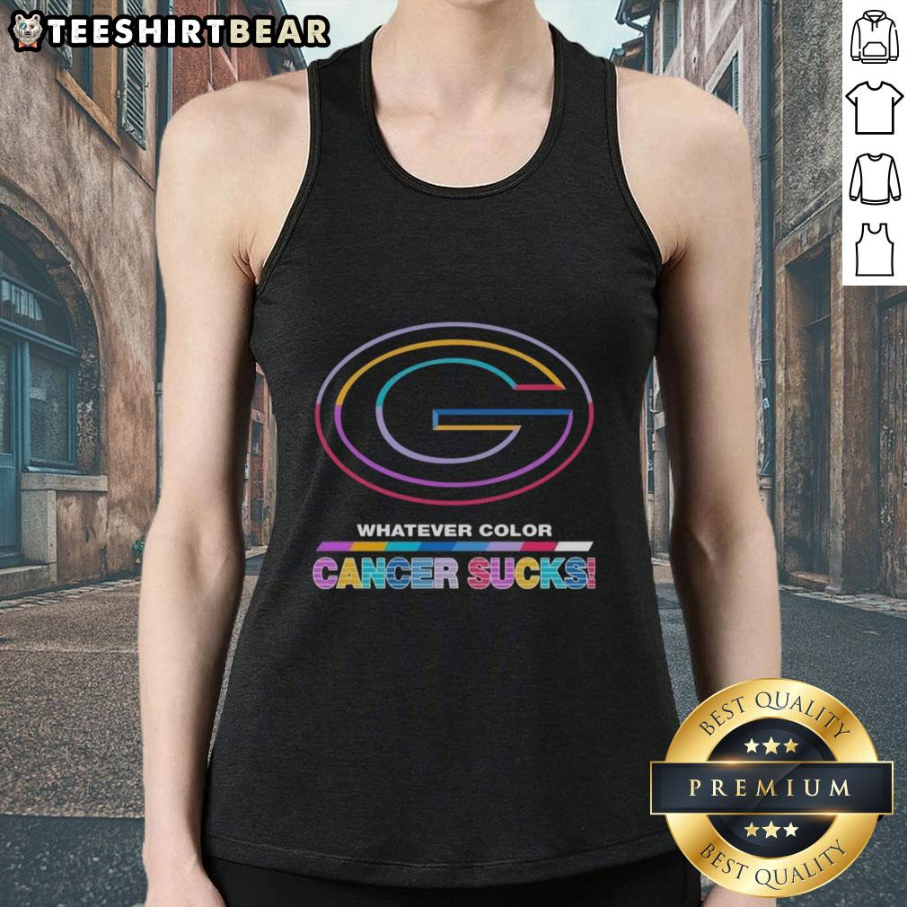 Pretty Green Bay Packers football tank top featuring colorful 'Cancer Sucks' logo, perfect for fans supporting a cause.