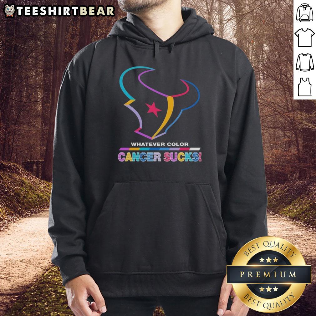 Pretty Houston Texans Football hoodie featuring colorful 'Cancer Sucks' logo, perfect for fans supporting a cause.