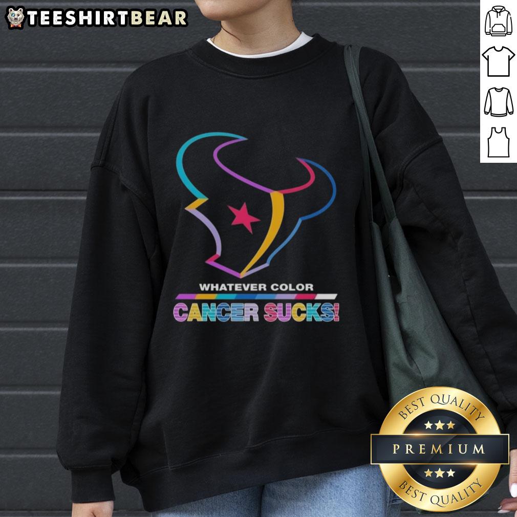 Stylish Houston Texans sweatshirt featuring 'Cancer Sucks' logo in team colors, perfect for football fans and cancer awareness.