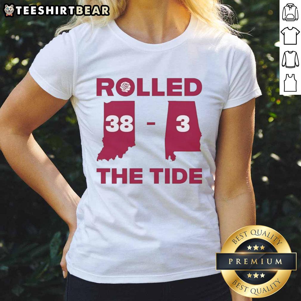 Indiana Hoosiers vs Alabama Crimson Tide ladies tee showcasing the Tide's victory with a 38-3 score.