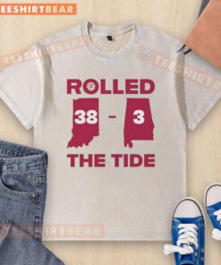 Indiana Hoosiers vs Alabama Crimson Tide game highlights on a rolled 38-3 washed T-shirt design featuring team logos.
