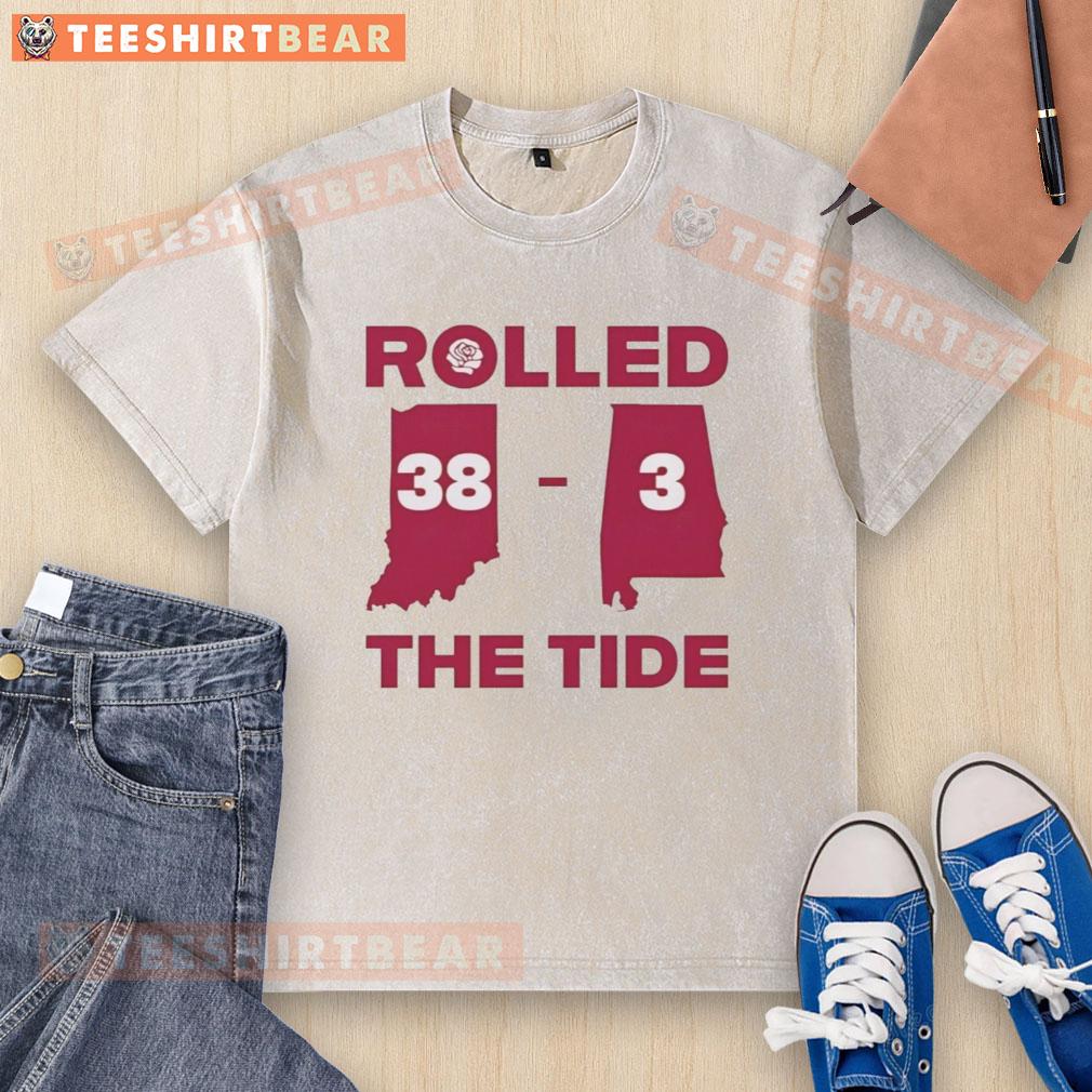Indiana Hoosiers vs Alabama Crimson Tide game highlights on a rolled 38-3 washed T-shirt design featuring team logos.